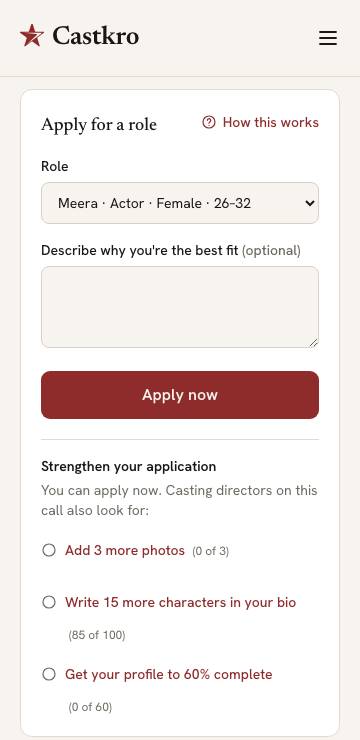 The Apply for a role panel on a casting call, with the Role picker, an optional note and the Apply now button