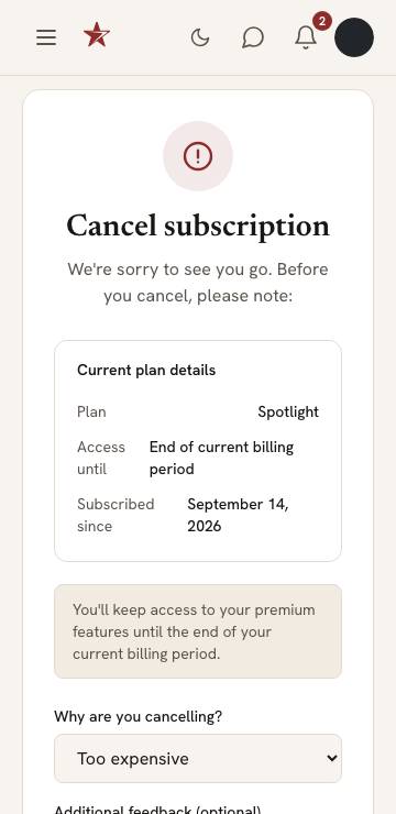 The cancel subscription form showing the current plan and the reasons to choose from