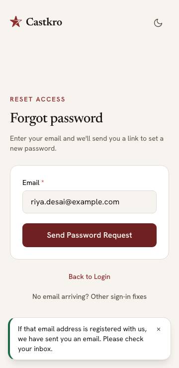 The Forgot password page after sending, showing the message that an email has been sent if the address is registered