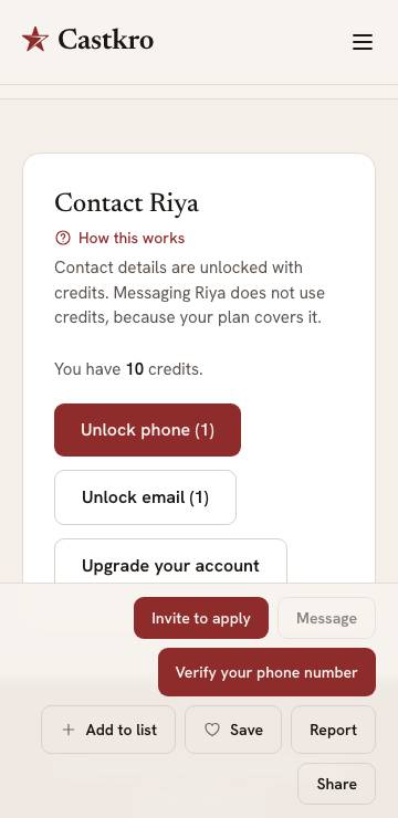 The Contact panel on a performer profile, showing the credit balance and the Unlock phone and Unlock email buttons