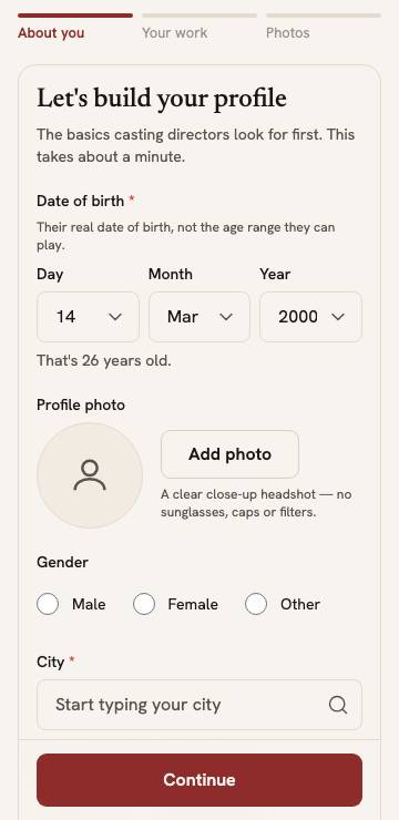 The About you step of performer onboarding, with date of birth, profile photo, gender and city