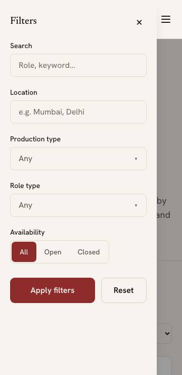 The casting call filters on a phone: search, location, production type, role type and availability