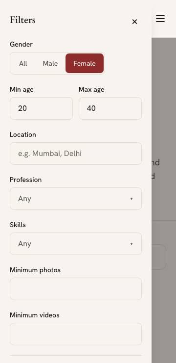 The Find Talent filters on a phone: gender, age, location, profession, skills, minimum photos and minimum videos