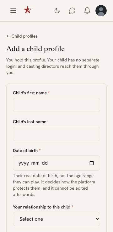 The Add a child profile form with fields for the child's name, date of birth and your relationship