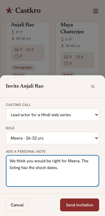 The Invite to apply sheet with a casting call, a role and a personal note filled in