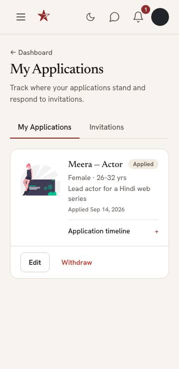 An application in My Applications with its status and the Edit and Withdraw buttons