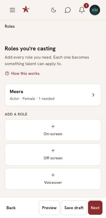 The Roles step of the casting call wizard, with one role added and buttons to add an on-screen, off-screen or voiceover role