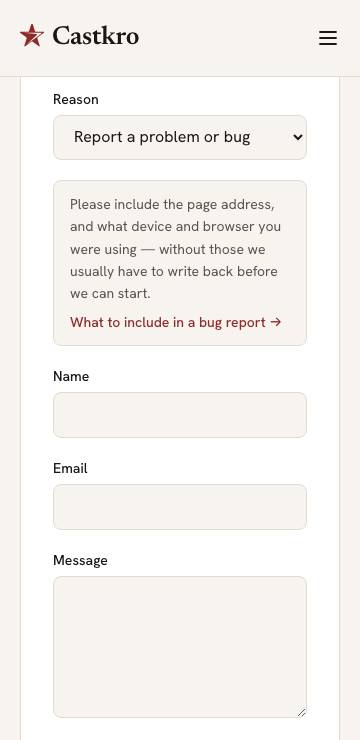 The contact form with Reason set to Report a problem or bug, showing the hint about what to include