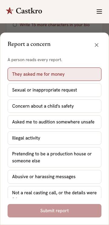 The Report a concern dialog on a phone, with They asked me for money selected