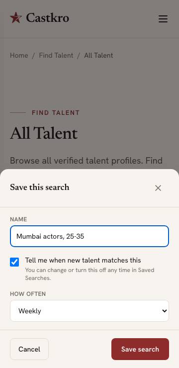 The Save this search dialog with a name, alerts switched on and Weekly chosen