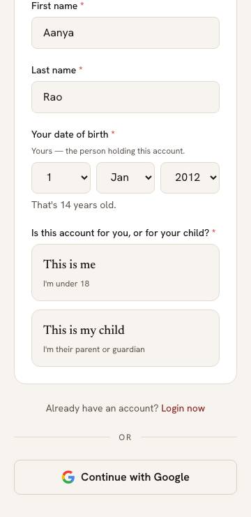 The sign-up form with an under-18 date of birth, asking whether the account is for you or for your child