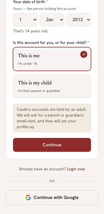 The sign-up form after choosing This is me, explaining that a parent or guardian is asked to set up the profile