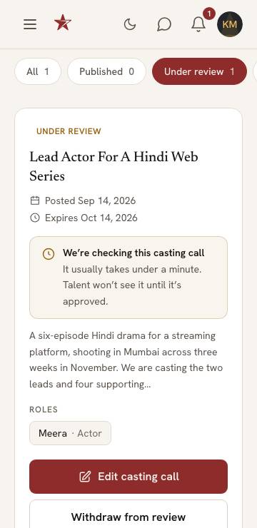 A casting call in My Casting Calls with the Under review tab selected and the note: We are checking this casting call