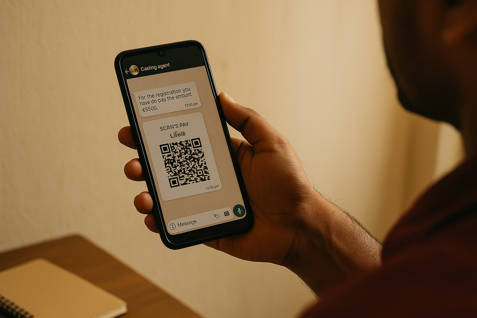 Phone screen showing WhatsApp casting chat requesting money and QR code for payment.